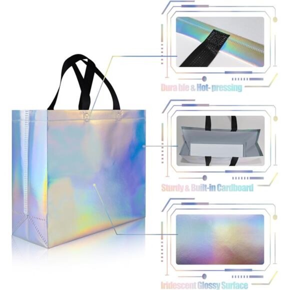 Glossy Iridescent Gift Bags 15 Pcs, 12.6x4.7x11 In Non-woven Reusable Goodie Bag - Picture 3 of 7